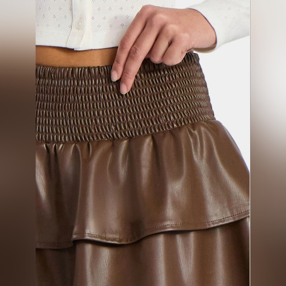 No Boundaries Brown Faux Leather Tiered Mini Skirt - Picture 5 of 7